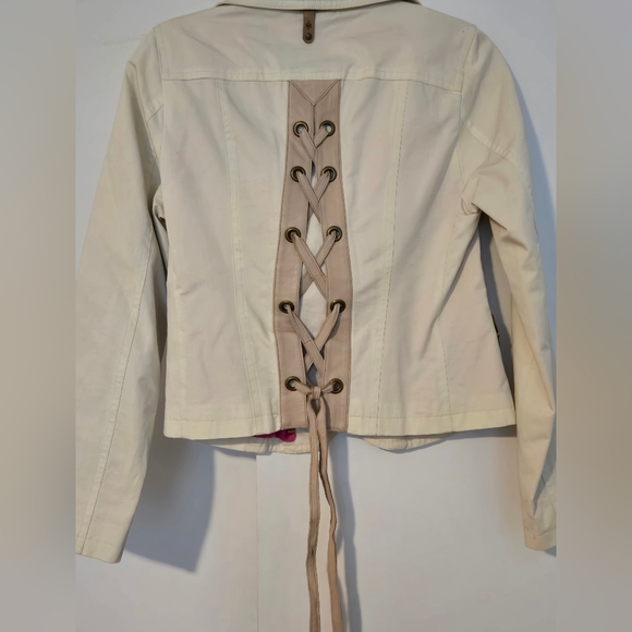 Vintage 00s Mackage Cotton Leather Lined Blazer with Ruffled Trim & Corset Back - Picture 6 of 8
